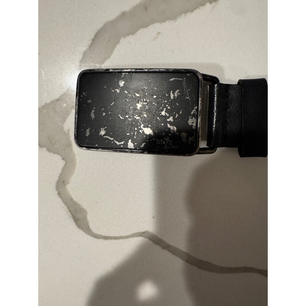 Calvin Klein Jeans Mens Black Leather Belt Silver Buckle Size 38‎